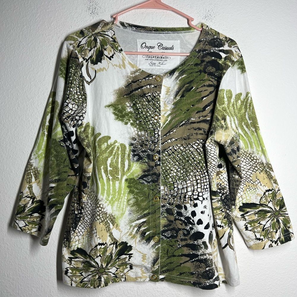 Womens Green  Graphic Onque Casuals Top Jacket Sz XS Floral Reptile Print Button